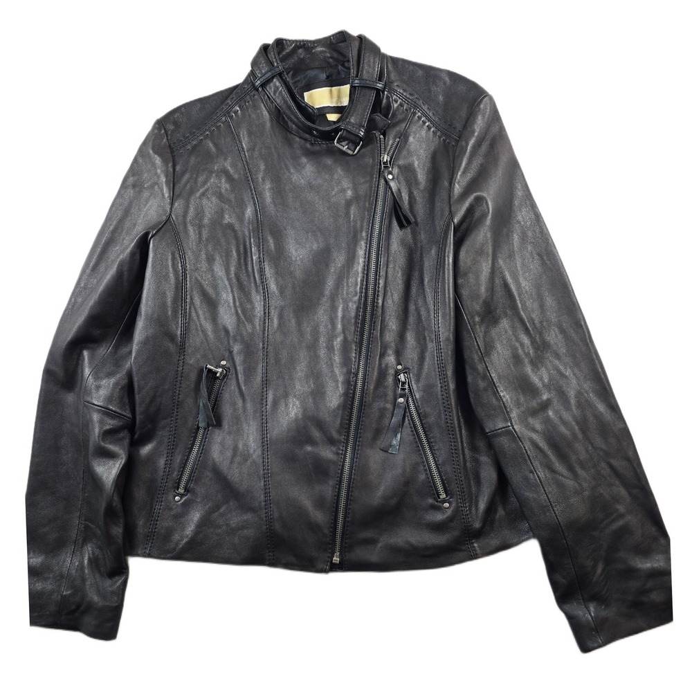 Michael Kors Leather Moto Jacket Womens XL Black Genuine Leather Asym Zip